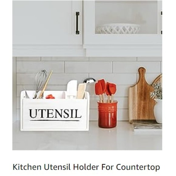 XL Farmhouse White Wooden Kitchen Utensil Holder - Cooking Utensil Organizer - Picture 9 of 16